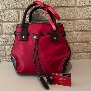 Lancel red nylon tote with brown leather trim and tassel